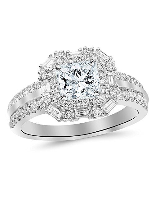 Houston Diamond District 1.44 Carat t.w. Round Double Row Baguette and Round Halo Diamond Engagement Ring K I2 Clarity Center Stones.