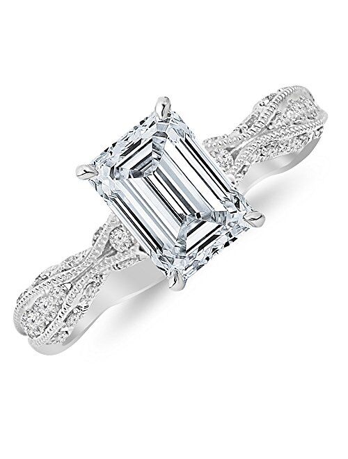 Houston Diamond District 1 Carat 14K White Gold Channel Set Eternity Curving Emerald Cut GIA Certified Diamond Engagement Ring (0.75 Ct K Color VS2 Clarity Center Stone)