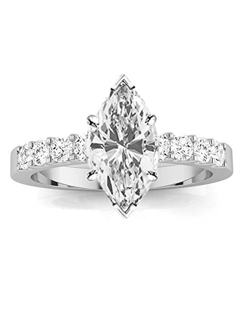 Houston Diamond District 1 Carat 14K White Gold Classic Prong Set Round Marquise Cut GIA Certified Diamond Engagement Ring (0.5 Ct K Color VS1-VS2 Clarity Center Stone)