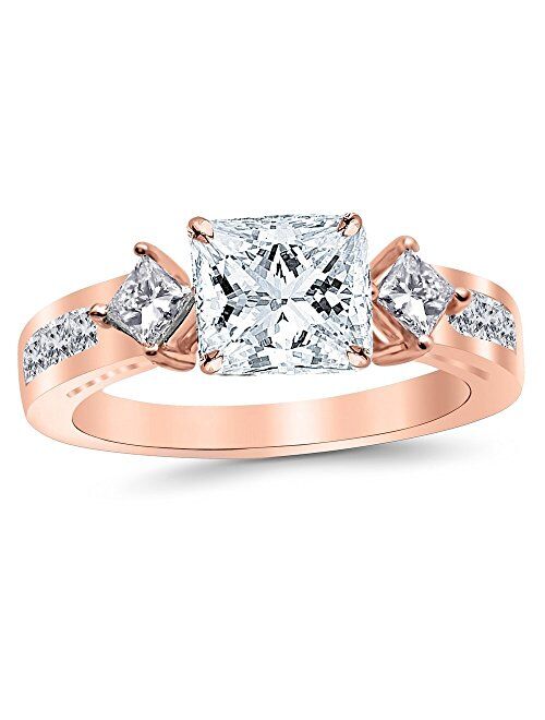 Houston Diamond District 2.5 Ctw 14K White Gold Channel Set 3 Three Stone Square Princess GIA Certified Princess Cut Diamond Engagement Ring (1.5 Ct Center I-J Color SI1-