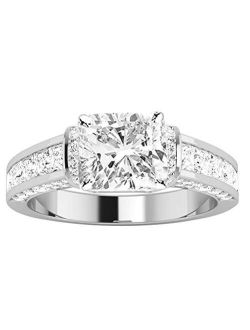14K White Gold 3 Carat LAB GROWN IGI CERTIFIED DIAMOND Contemporary Channel Set Princess And Pave Round Cut Cushion Cut Diamond Engagement Ring (