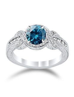 Twisting Channel Set Knot Diamond Engagement Ring with a 1 Carat Blue Diamond Heirloom Quality Center