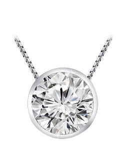 0.5 Carat 14K White Gold Round Diamond Bezel Solitaire Pendant Necklace J Color I2 Clarity, w/ 16" Silver Chain