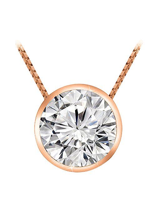 Houston Diamond District 0.5 Carat 14K White Gold Round Diamond Bezel Solitaire Pendant Necklace J Color I2 Clarity, w/ 16" Silver Chain