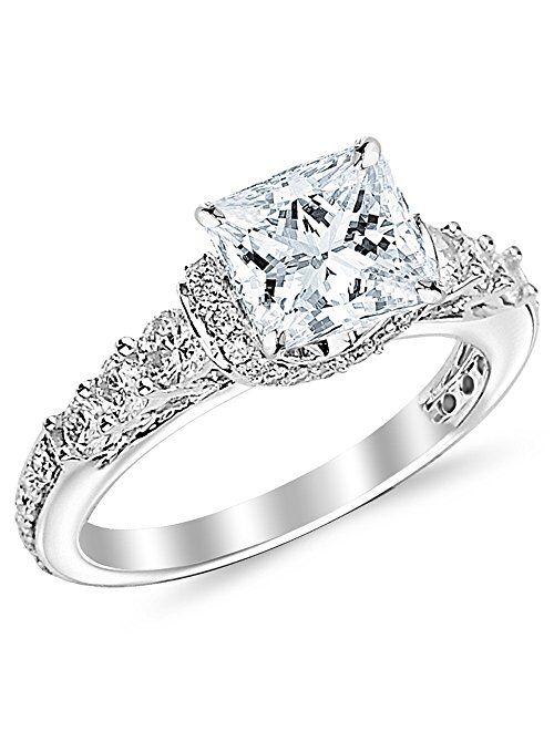 Houston Diamond District 1.35 Carat Princess Cut Designer Four Prong Round Diamond Engagement Ring (D-F Color, VS2-SI1 Clarity Center Stone)