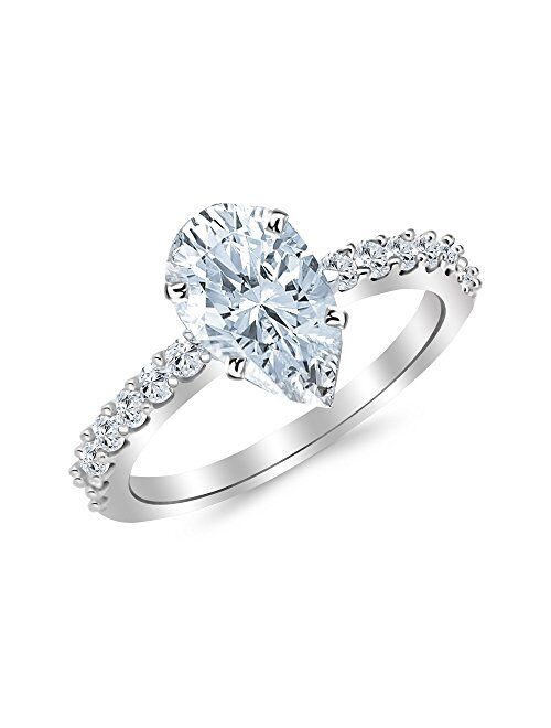 Houston Diamond District 14K White Gold 3 Carat LAB GROWN IGI CERTIFIED DIAMOND Classic Prong Set Pear Cut Diamond Engagement Ring (H-I Color VS1-VS2 Clarity 2.5 Ct Cente