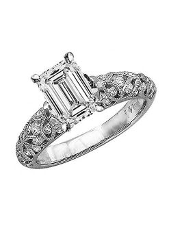 Houston Diamond District 2.5 Ctw 14K White Gold Vintage Channel Filigree Milgrain Emerald Cut GIA Certified Diamond Engagement Ring (2 Ct J Color VS2 Clarity Center Stone