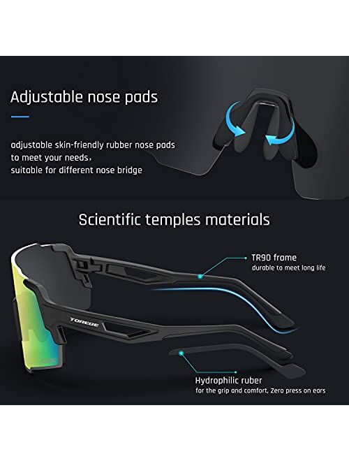 TOREGE Polarized Sports Sunglasses with 3 Interchangeable Lenses for Men Women Cycling Running Baseball Glasses TR65