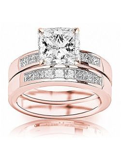 Houston Diamond District 2 Ctw 14K White Gold Channel Set Thick Princess Bridal Set GIA Certified Princess Cut Diamond Engagement Ring (1 Ct Center D-E Color VVS1-VVS2 Cl