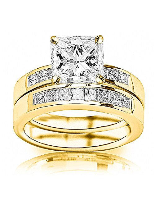 Houston Diamond District 2 Ctw 14K White Gold Channel Set Thick Princess Bridal Set GIA Certified Princess Cut Diamond Engagement Ring (1 Ct Center D-E Color VVS1-VVS2 Cl