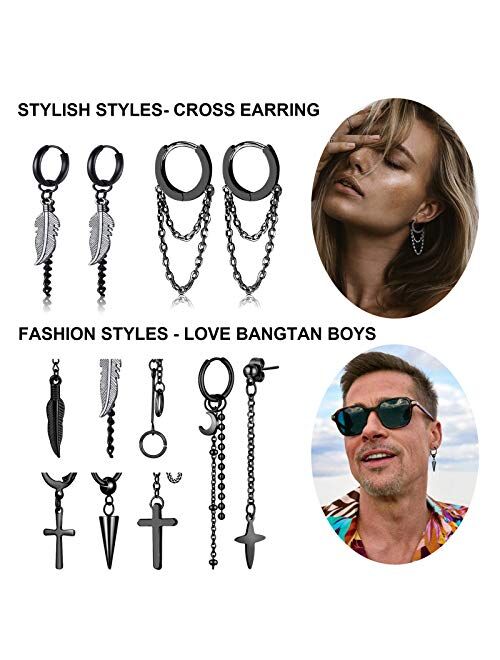 FIFATA 20 Pieces Chain Hoop Earrings Moon and Star Drop Earrings Cross Stainless Steel Hinged Pendant Eboy Earrings for Men Women, Black and Silver