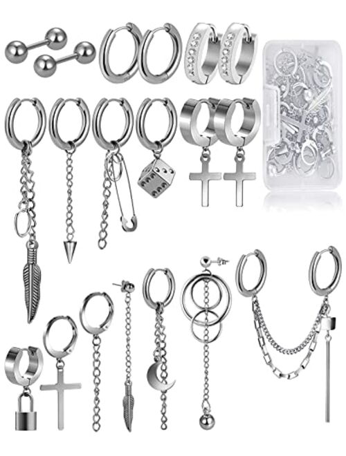 FIFATA 20 Pieces Chain Hoop Earrings Moon and Star Drop Earrings Cross Stainless Steel Hinged Pendant Eboy Earrings for Men Women, Black and Silver