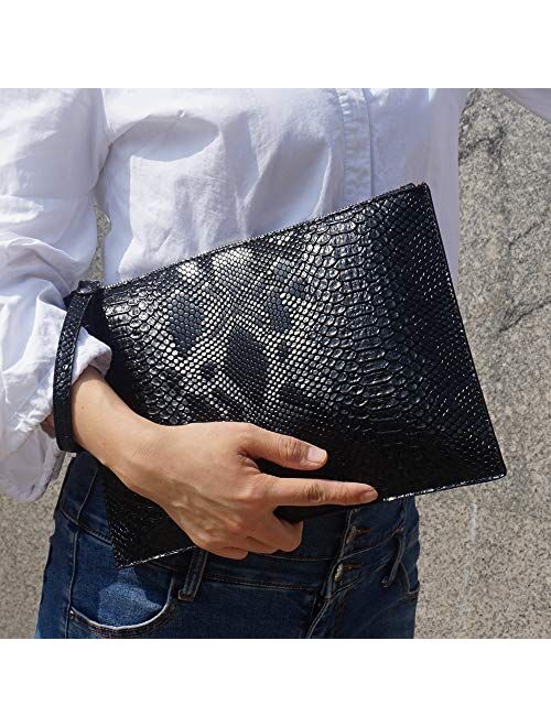 NIGEDU Women Clutches Fashion Snakeskin PU Leather Party Envelope Large Purse Bag with Hand Strap