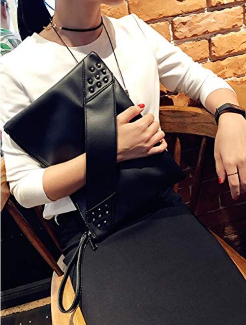 NIGEDU Fashion Women Clutches Rivet PU Leather Crossbody Bag Envelope Large Clutch Purse with Hand Strap