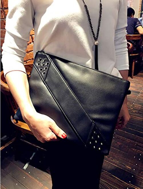 NIGEDU Fashion Women Clutches Rivet PU Leather Crossbody Bag Envelope Large Clutch Purse with Hand Strap
