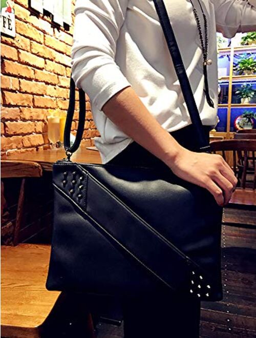 NIGEDU Fashion Women Clutches Rivet PU Leather Crossbody Bag Envelope Large Clutch Purse with Hand Strap