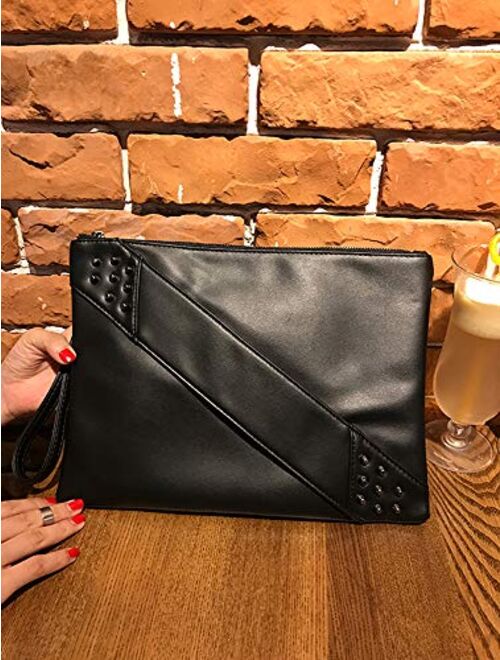 NIGEDU Fashion Women Clutches Rivet PU Leather Crossbody Bag Envelope Large Clutch Purse with Hand Strap