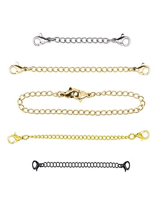 16 Pack Chain Extender, Qtopun Silver Necklace Extension Chain Gold Jewelry Supply Craft Chain Black Bracelet Extender Stainless Steel Plated Extends Necklace 3inch 4" 5"