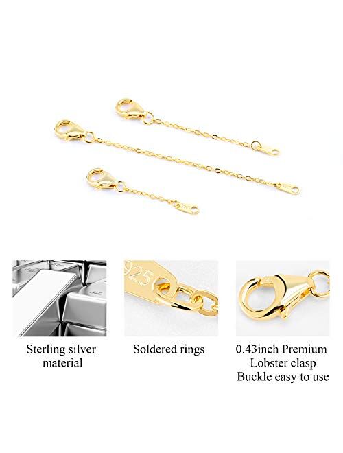 ALEXCRAFT 3 PCS Gold Plated Sterling Silver Extenders Chain Necklace Bracelet Extension Chains for Jewelry Making(1 2 3 inch)