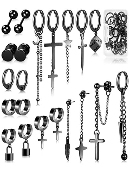 Fifata 21 Pieces 316L Stainless Steel Black Earrings for Men, Sword Cross Moon Star Long Chain Piercing Hoop Earrings Set for Unisex