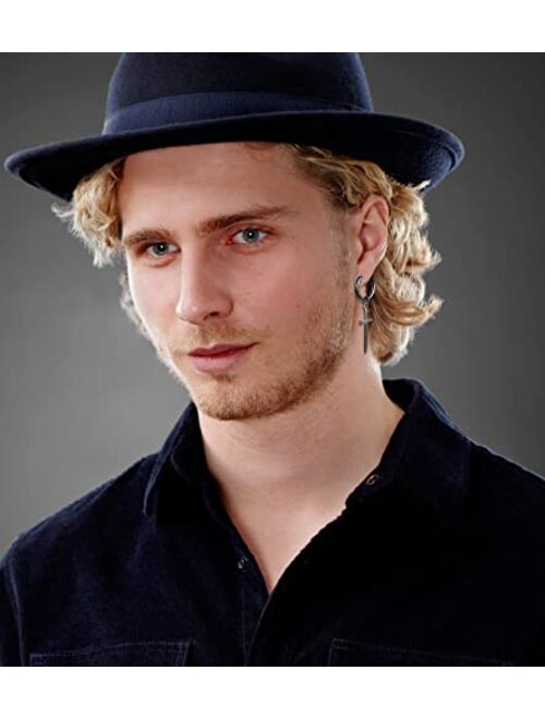 Fifata 21 Pieces 316L Stainless Steel Black Earrings for Men, Sword Cross Moon Star Long Chain Piercing Hoop Earrings Set for Unisex