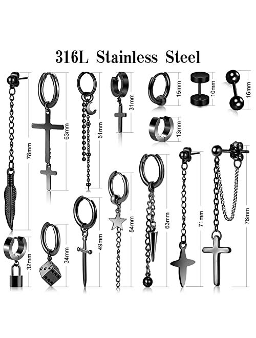 Fifata 21 Pieces 316L Stainless Steel Black Earrings for Men, Sword Cross Moon Star Long Chain Piercing Hoop Earrings Set for Unisex