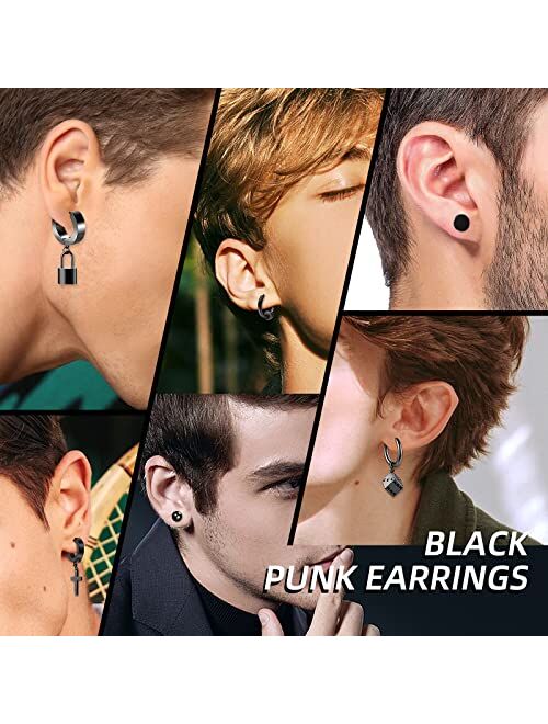Fifata 21 Pieces 316L Stainless Steel Black Earrings for Men, Sword Cross Moon Star Long Chain Piercing Hoop Earrings Set for Unisex