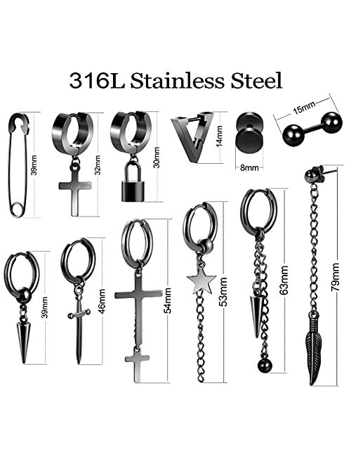17 MILE Black Cross Dangle Earrings for Men, 25 Pieces Stainless Steel Long Chain Piercing Hoop Earrings Set for Unisex