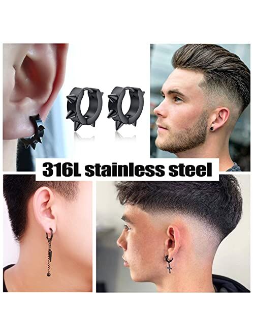 17 MILE Black Cross Dangle Earrings for Men, 25 Pieces Stainless Steel Long Chain Piercing Hoop Earrings Set for Unisex