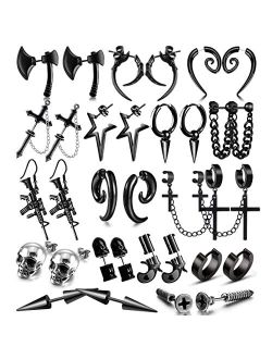 Wyyw 16 Pairs Stainless Steel Punk Y2K Black Dangle Earrings for Men, Axe Skull Screw Cone etc Huggie Hoop Long Chain Piercing Hoop Earrings Set for Unisex