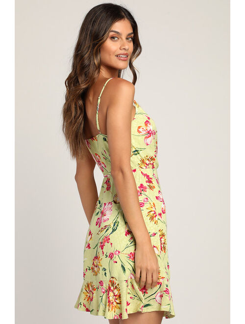 Lulus Sunny Spell Lime Floral Print Jacquard Wrap Mini Dress
