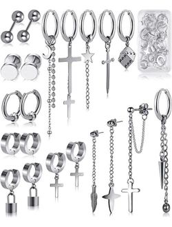 shengna 21 Pieces 316L Stainless Steel Black Earrings for Men Sword Cross Moon Star Long Chain Piercing Hoop Earrings Set for Unisex