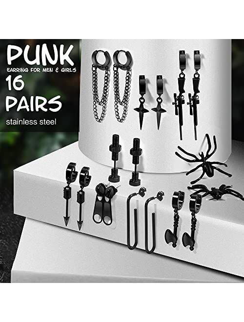 Hefanny 16 Pairs Stainless Steel Y2K Punk Hoop Dangle Earrings For Men Emo Goth Chains Statement Snake Axe Spider Screw Skeleton Arrow Flame Stud Earrings for Men Teen Bo