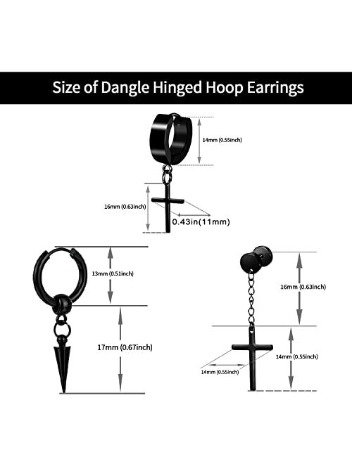 A-Minusone 15 Pairs Earrings for Men, Black Stainless Steel Earrings Stud Kit for Men Women Fashion Piercing Jewelry Cross Dangle Hoop Earrings Set