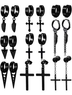 WAINIS 9 Pairs Stainless Steel Dangle Earrings For Men Women Pure Black Hoop Cool Hinged Feather Earrings Set