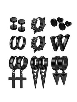 YADOCA 8 Pairs Stainless Steel Punk Stud Earrings for Men Women Kpop Triangle Cross Rivet Awl Spike Hinged Dangle Huggie Hoop Piercing Earrings Set