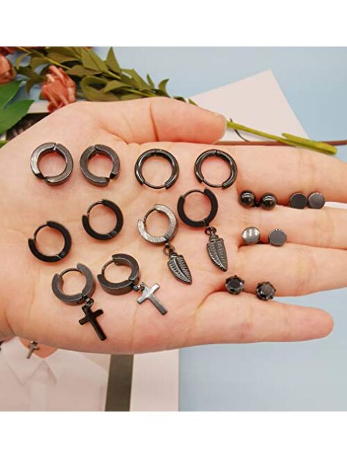 WAINIS 24 Pcs Stainless Steel Unisex Black Huggie Hoop Earrings for men Women Cool Dangle Stud Earring Piercing Set