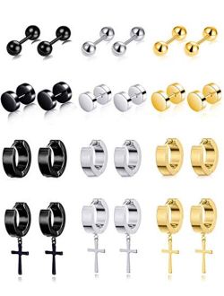 Ofeiyaa 12 Pairs Stainless Steel Small Hoop Earrings Set Huggie Earrings CZ Inlaid Cross Dangle Hinged Earrings Stud Earrings for Mens Women Silver Black Gold Tone