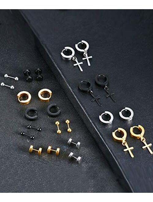 Ofeiyaa 12 Pairs Stainless Steel Small Hoop Earrings Set Huggie Earrings CZ Inlaid Cross Dangle Hinged Earrings Stud Earrings for Mens Women Silver Black Gold Tone