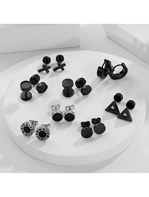 Earrings for Men Women, Funtopia 16 Pairs Stainless Steel Black Stud Earrings, Fashion Jewelry Piercing Cross Dangle Earrings Huggie Hoop Earrings Set