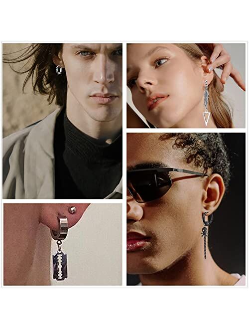Honsny Black Dangle Mens Earrings, 24 PCS Surgical Stainless Steel Punk Silver Cross Earrings for Men Women Huggie Hoop Long Chain Piercing Feather Stud Men Boys Earring 