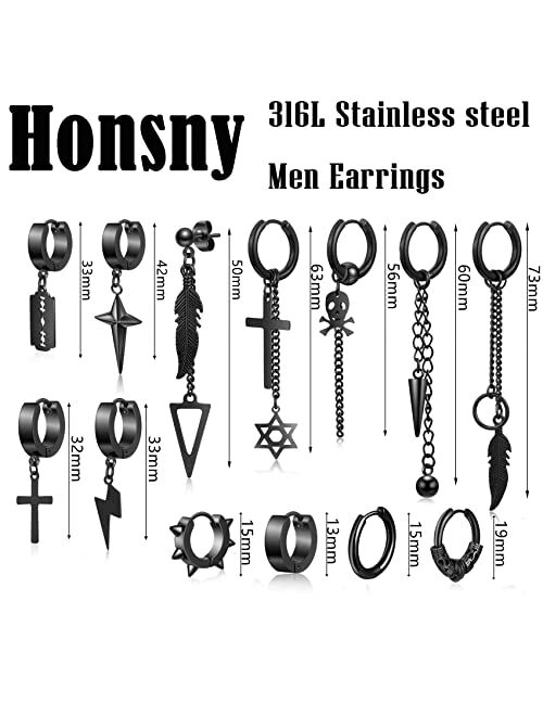Honsny Black Dangle Mens Earrings, 24 PCS Surgical Stainless Steel Punk Silver Cross Earrings for Men Women Huggie Hoop Long Chain Piercing Feather Stud Men Boys Earring 