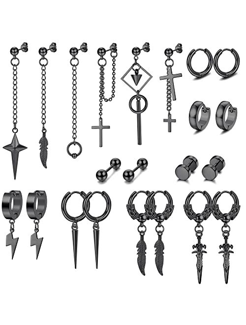 Fiasaso 22Pcs Dangle Earrings for Men Stainless Steel Hinged Hoop Earrings Long Chain Stud Cross Dangle Earrings Set Kpop Earrings for Mens Black, Silver and Gold