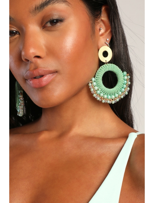 Lulus Upscale Beauty Teal Green Pearl Beaded Earrings