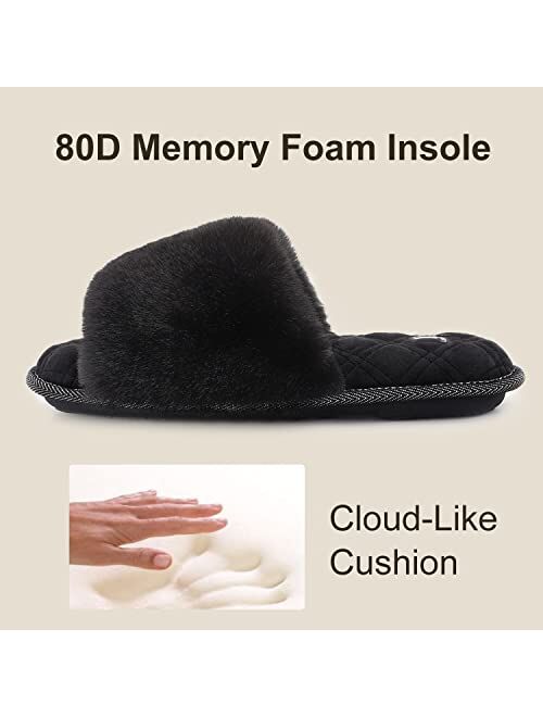 LongBay Women's Fuzzy Faux Fur Memory Foam Cozy Flat Spa Slide Slippers Comfy Open Toe Slip On House Shoes Sandals