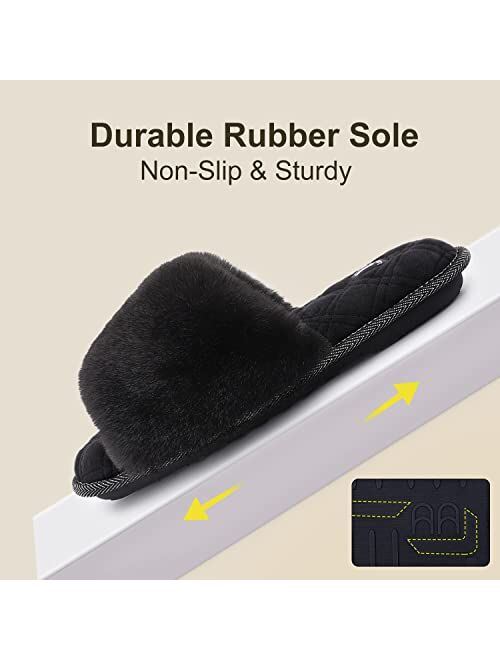 LongBay Women's Fuzzy Faux Fur Memory Foam Cozy Flat Spa Slide Slippers Comfy Open Toe Slip On House Shoes Sandals