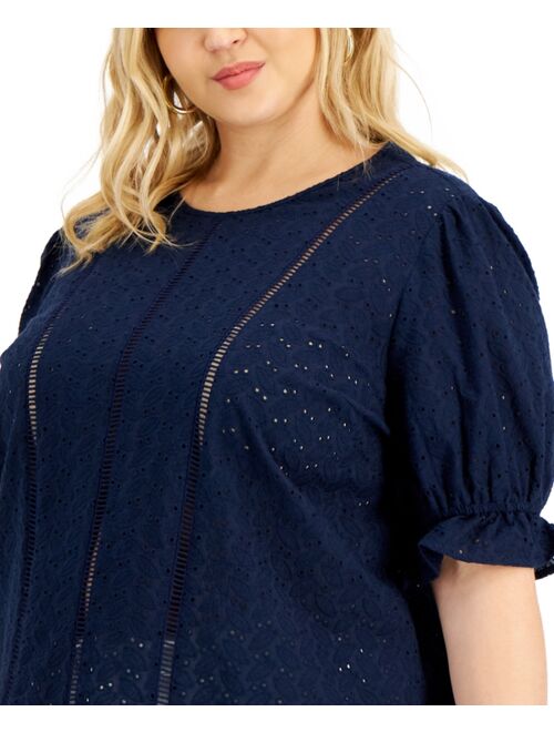 INC International Concepts Plus Size Cotton Eyelet Blouse, Created for Macy's