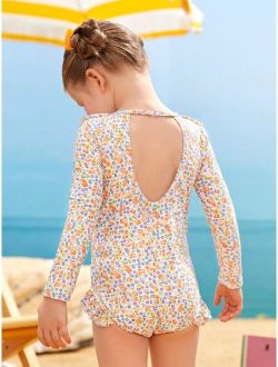 Toddler Girls Ditsy Floral Ruffle Trim Backless One Piece Swimsuit