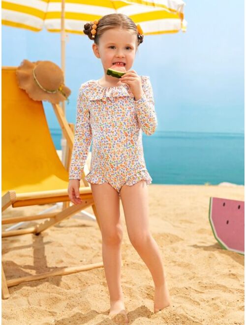 Shein Toddler Girls Ditsy Floral Ruffle Trim Backless One Piece Swimsuit