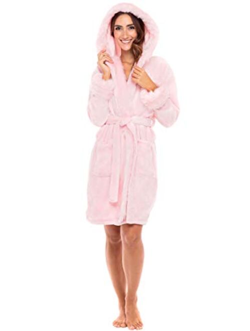 Alexander Del Rossa Women's Short Fleece Robe with Hood, Knee Length Faux Fur Bathrobe